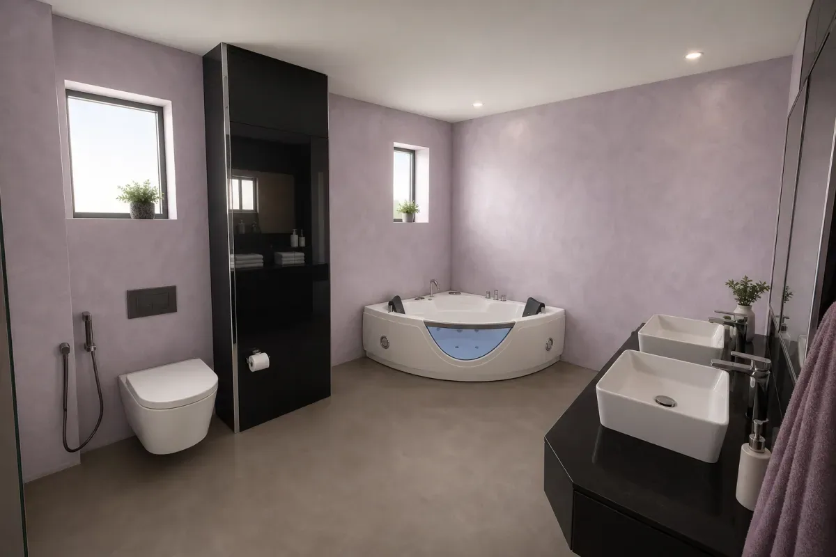 Villa bathroom with lavender limewash walls, bathtub, vanity, and stone floor