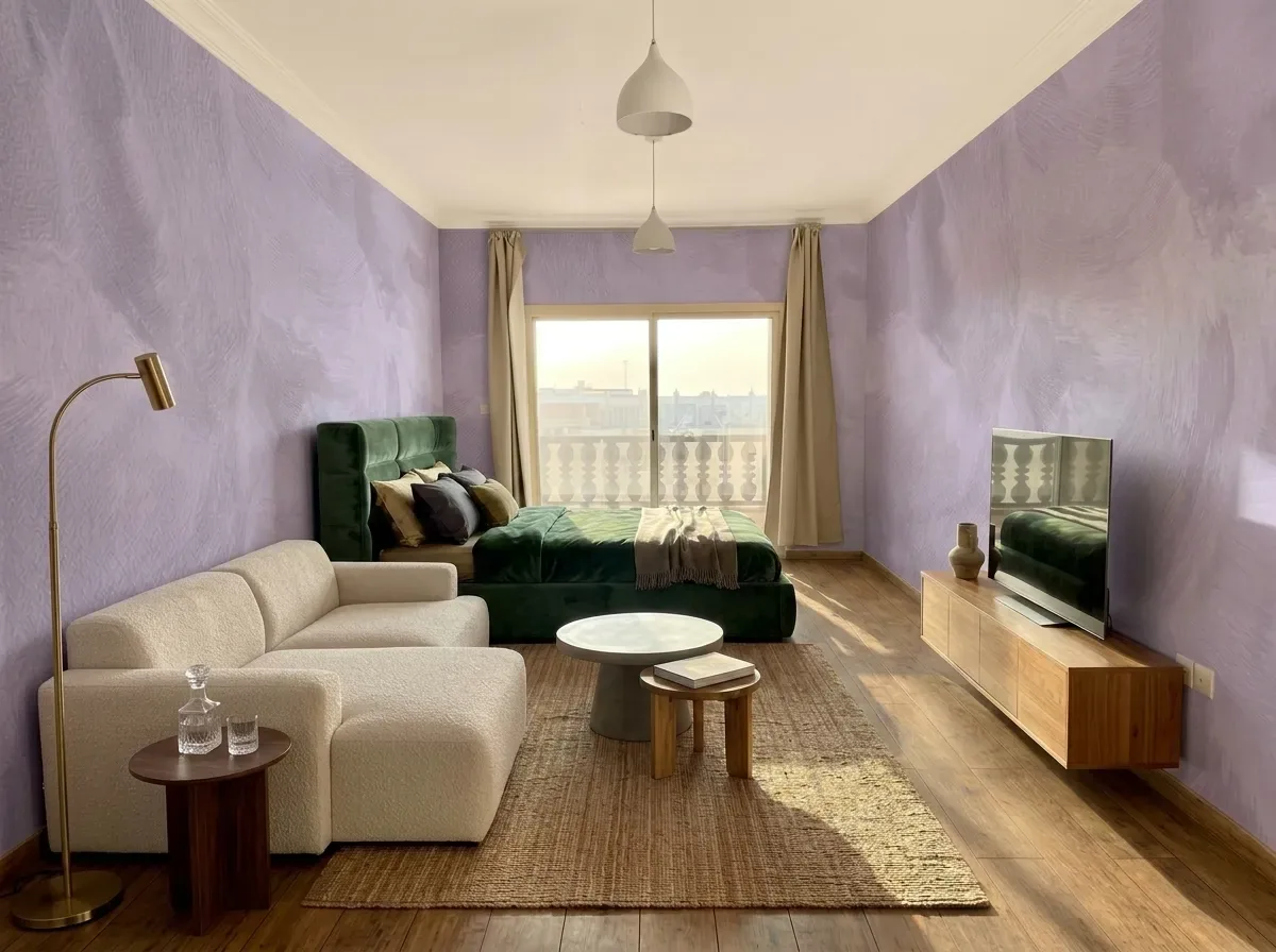 Villa living room with lavender limewash walls, timber flooring, sofa, and media unit