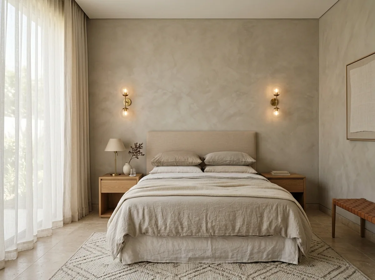 Luxury villa bedroom with warm neutral limewash walls, linen bedding, and soft daylight