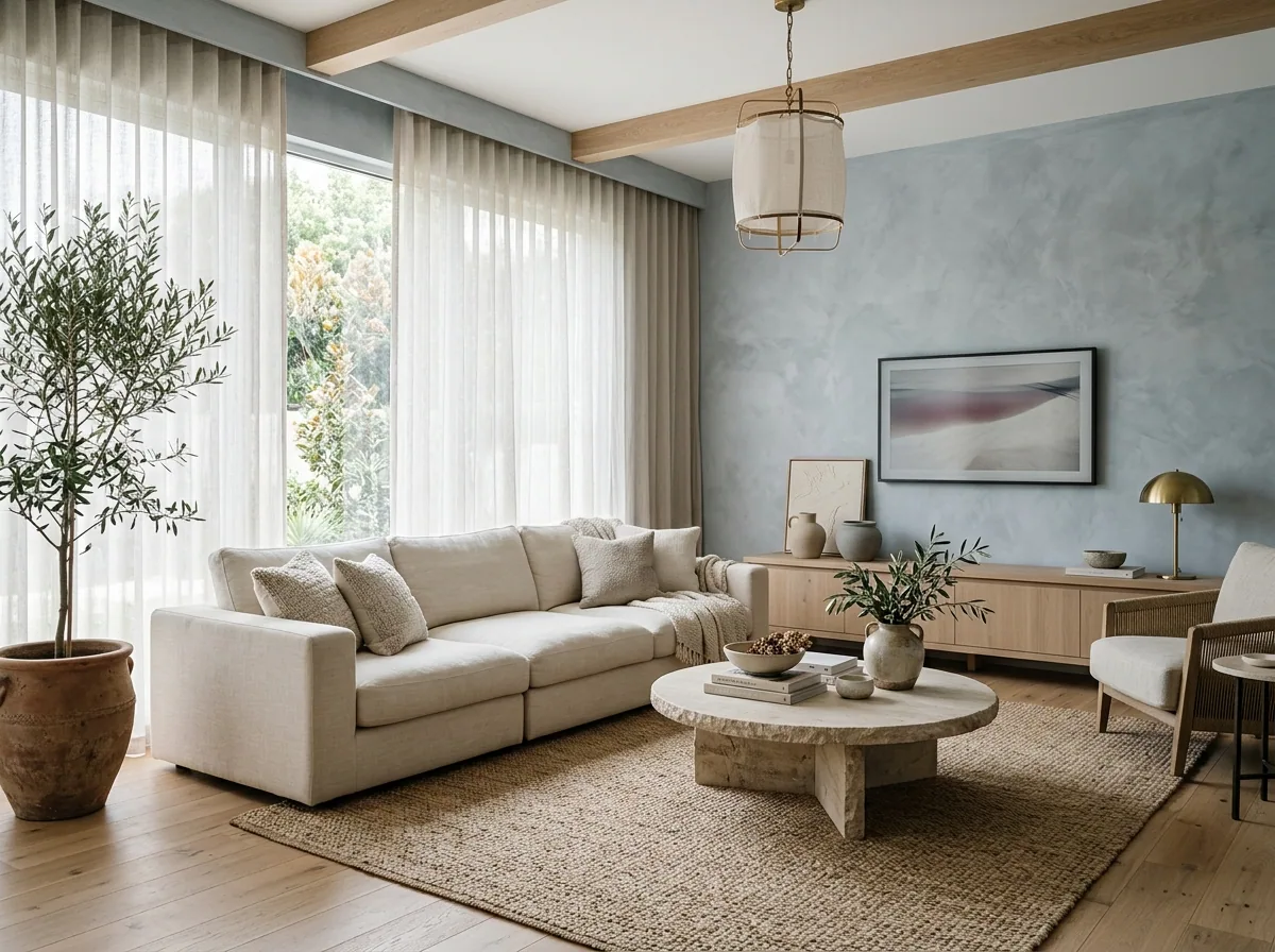 Luxury villa living room with warm limewash walls, cream seating, and stone coffee table
