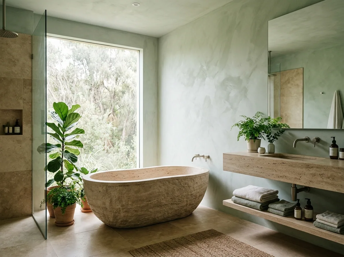 Villa spa bathroom with limewash walls, stone bathtub, travertine, and soft daylight
