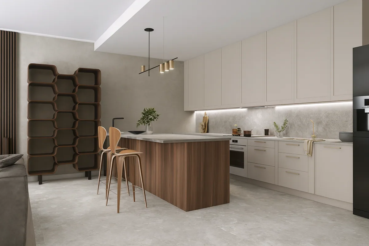 Kitchen with pale mineral-finish surfaces, white cabinetry and a timber-faced island.