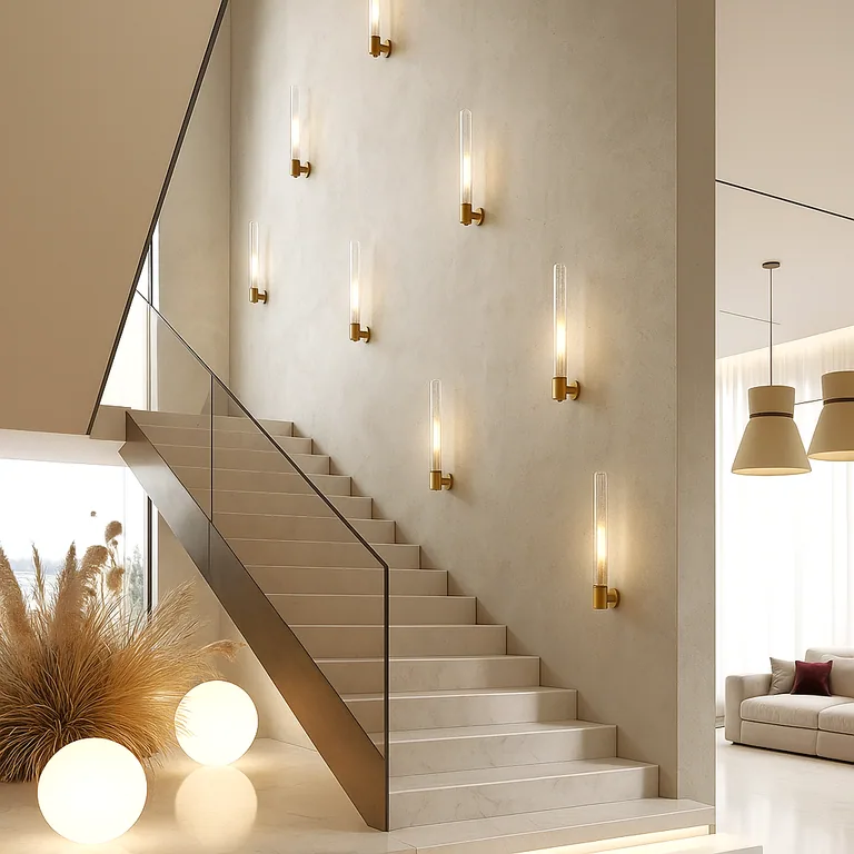 Microcement staircase with a softly textured grey finish and a timber handrail.
