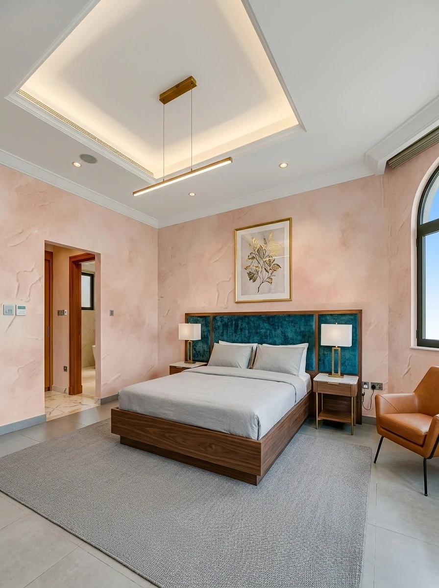 Limewash wall finish applied in a refined interior