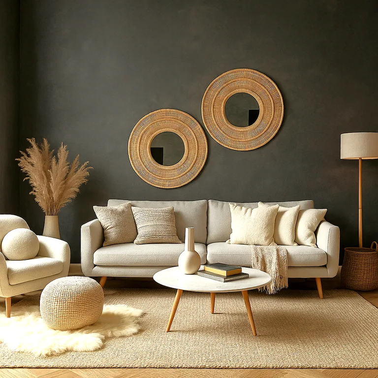 Dark mineral-finish wall behind a pale sofa, woven circular wall pieces and a timber coffee table.