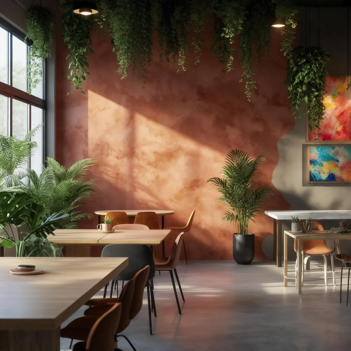 Warm terracotta feature wall beside café tables, large windows and hanging plants.