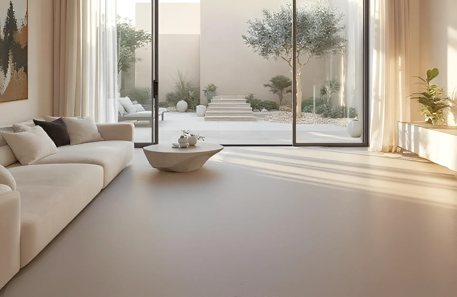 Seamless microcement floor running joint-free through a sunlit villa living room out to a courtyard