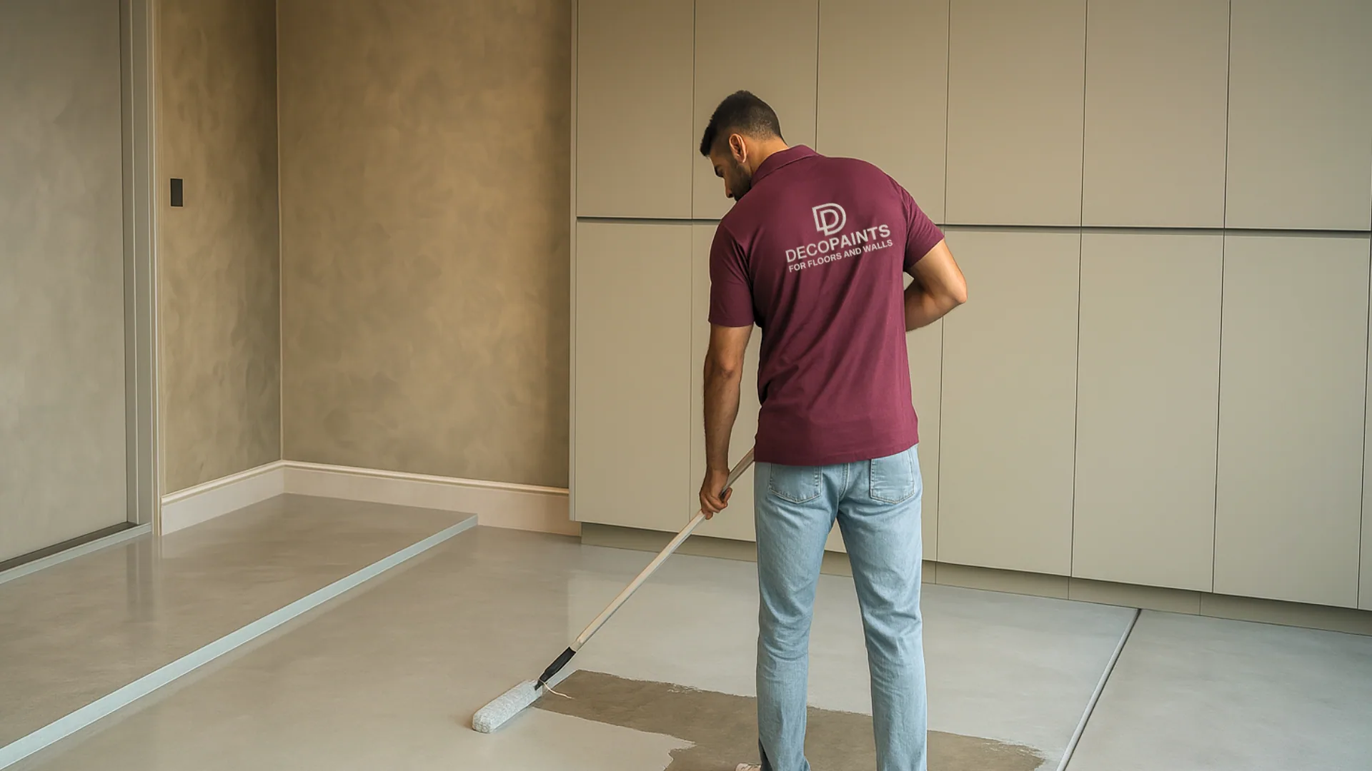 Applicator using a long-handled roller on a pale floor beside fitted cabinets.
