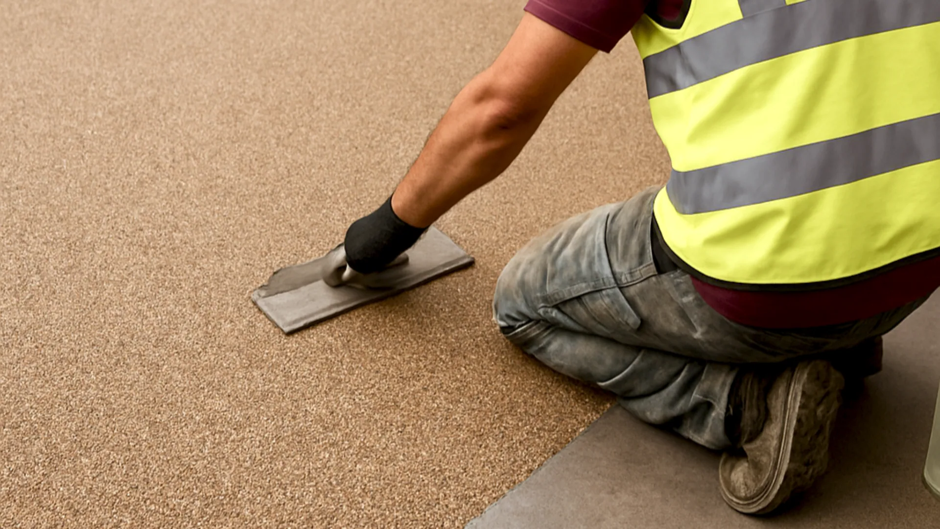 Applicator kneeling beside a tan aggregate surface and smoothing it with a hand trowel.