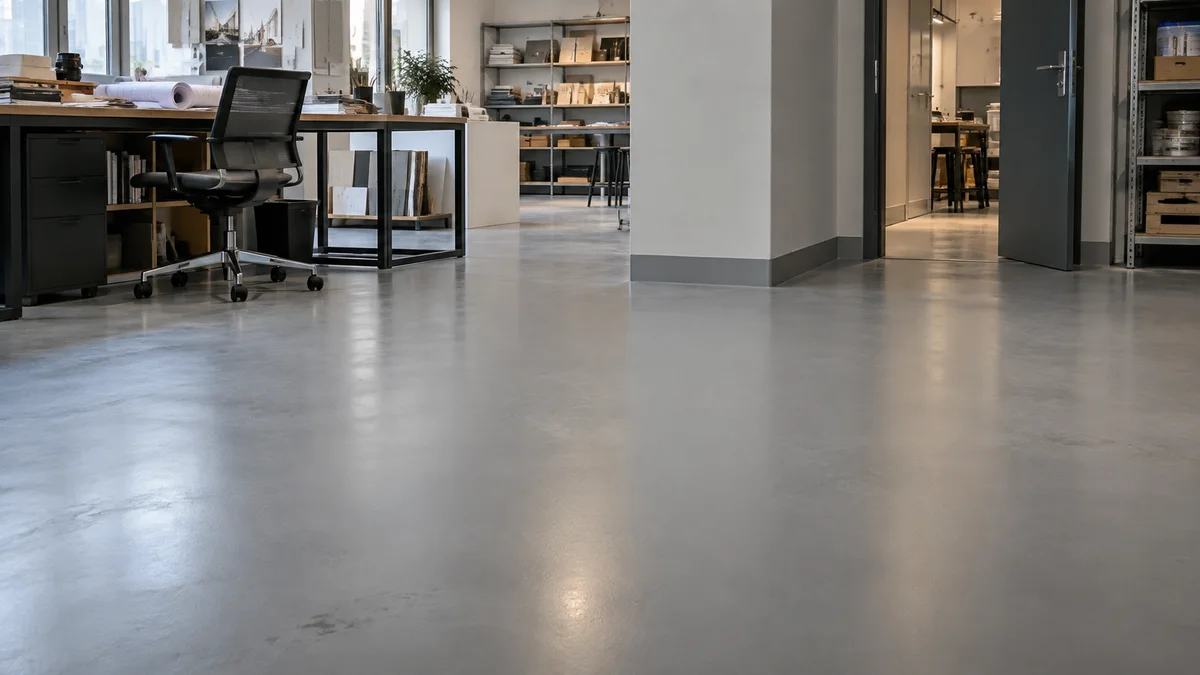 Muted grey satin epoxy floor across a working commercial studio with a rolling chair, service doorway and visible thresholds.