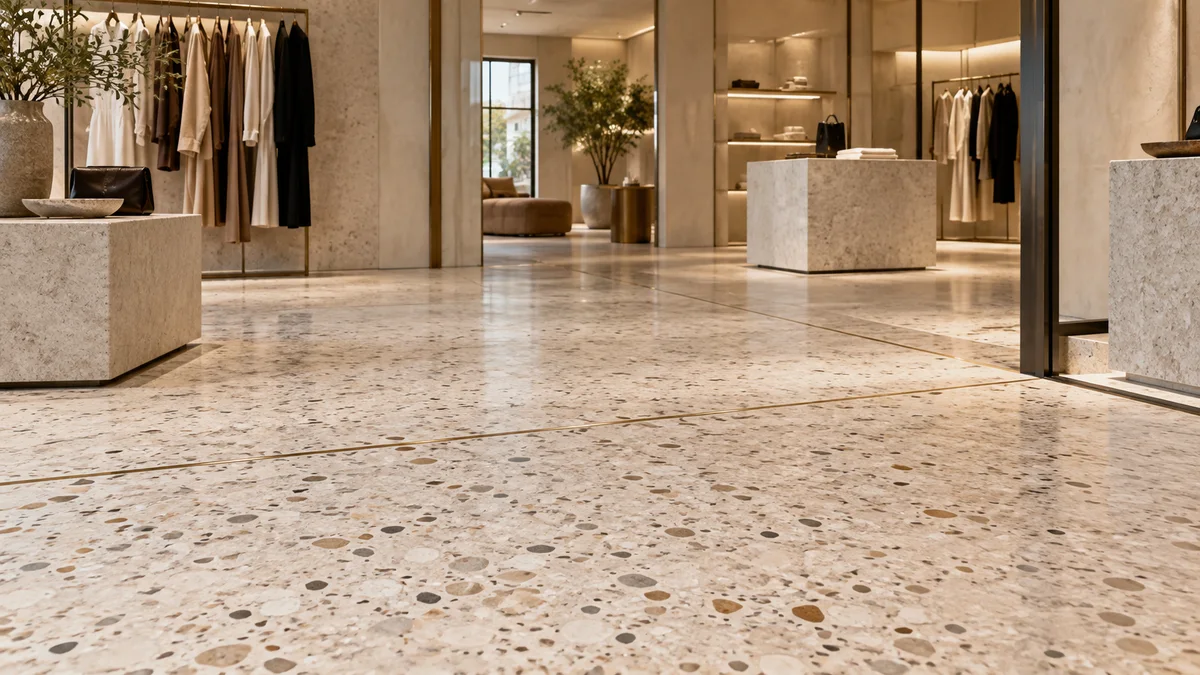 Pale terrazzo floor with fine divider strips and movable display plinths in a softly lit Dubai fashion showroom.