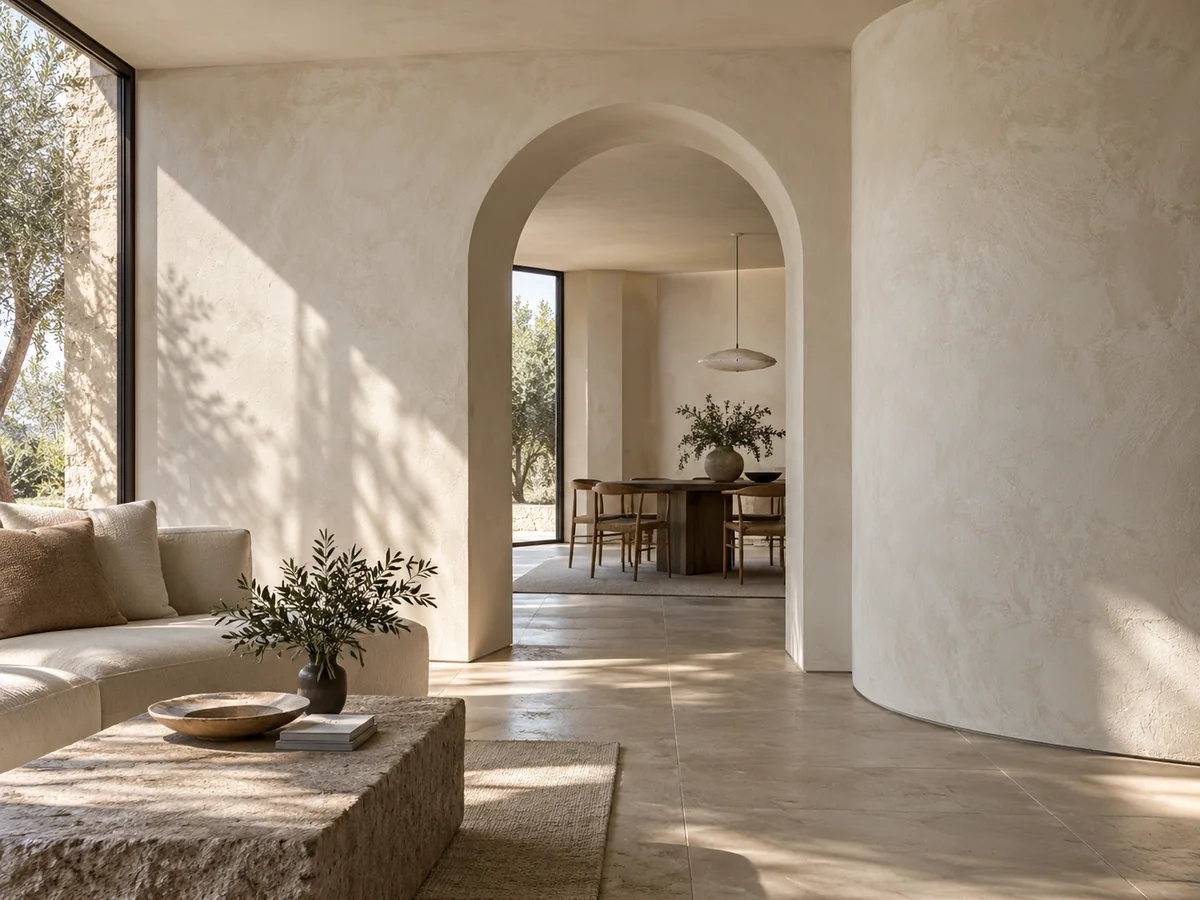 Ivory mineral plaster following an arched doorway and curved interior wall.