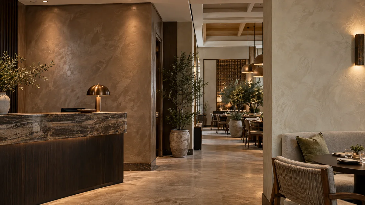 Dubai hospitality interior with warm satin Venetian plaster behind reception and a pale matte mineral plaster beside dining seating.