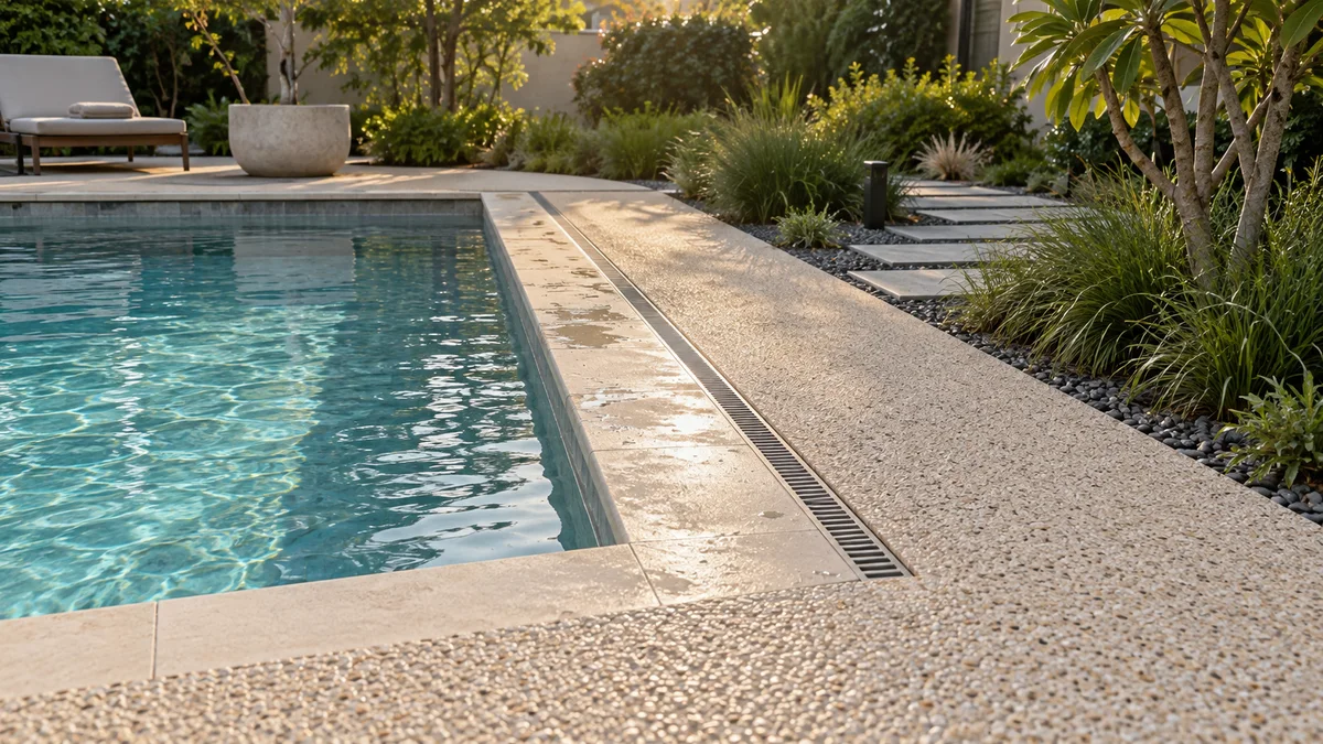 Light textured resin-bound pool surround with a linear drain, wet edge and planted garden path at a Dubai villa.