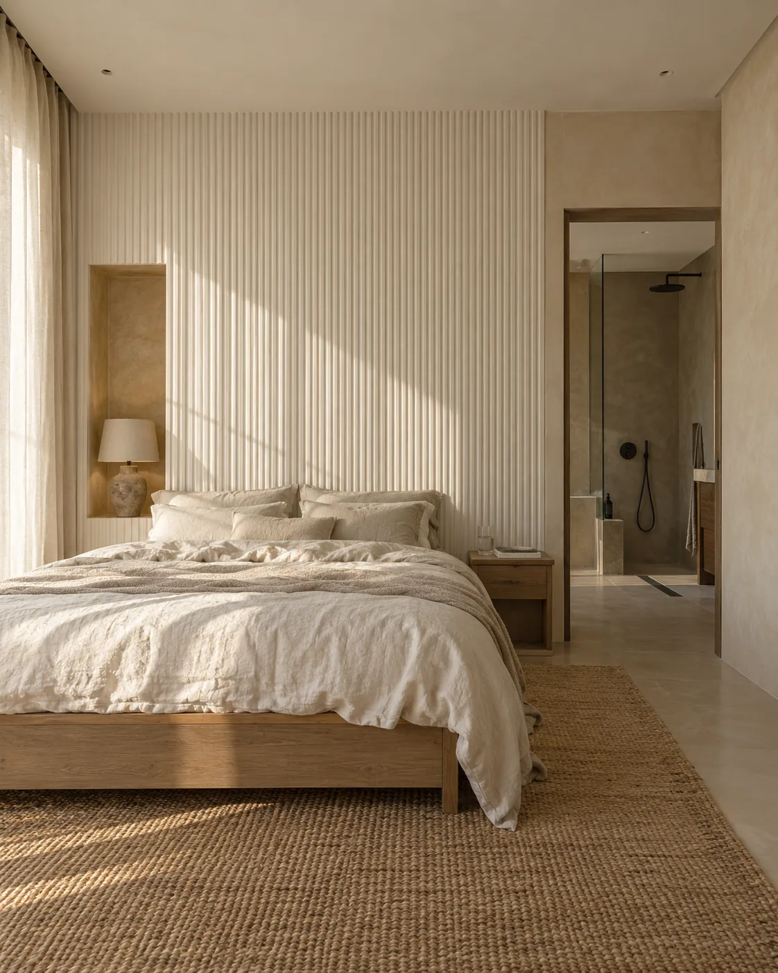 Dubai villa bedroom with a fluted plaster wall behind the bed, limewash side walls, a Marmorino niche and a microcement en-suite shower.