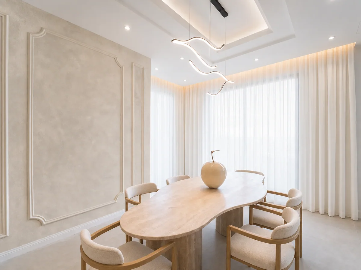 Warm greige limewash feature wall with subtle cloudy tonal movement in a naturally lit Dubai dining room.