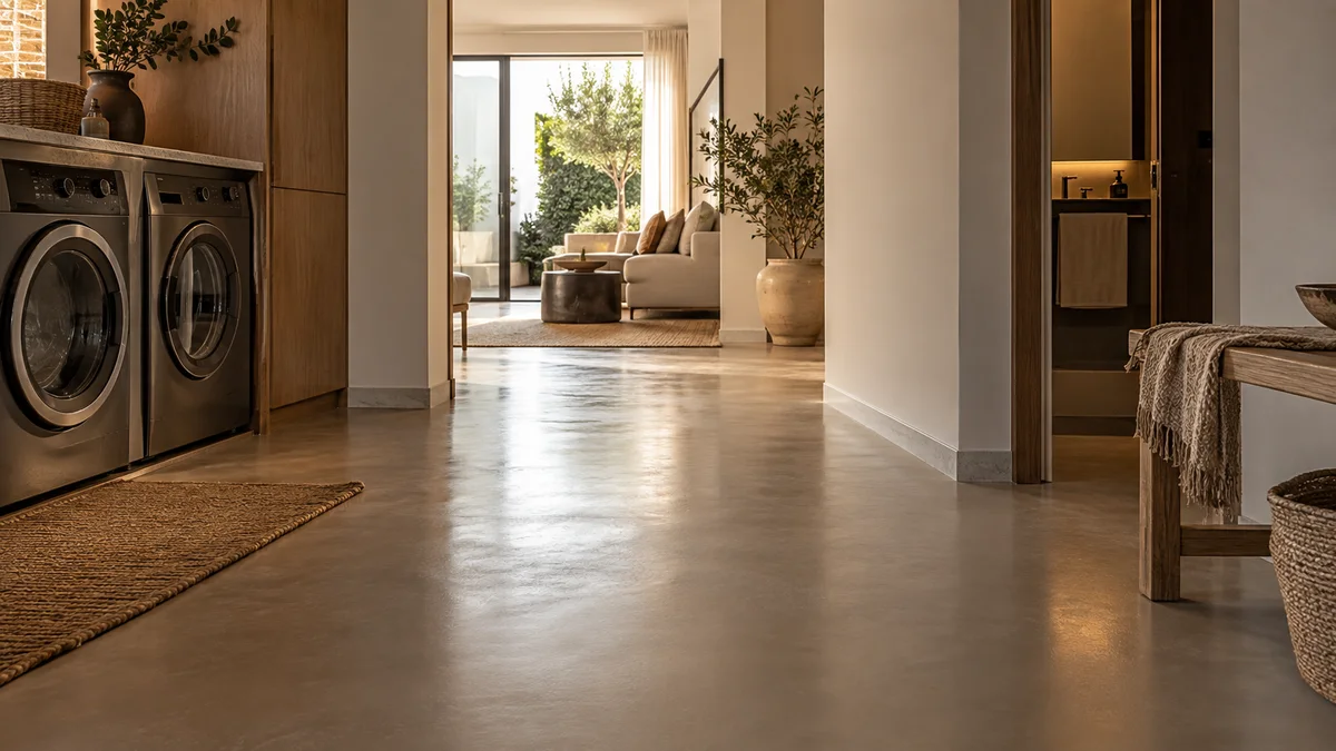 Warm taupe satin epoxy floor running from a Dubai villa utility area into a naturally lit living space.