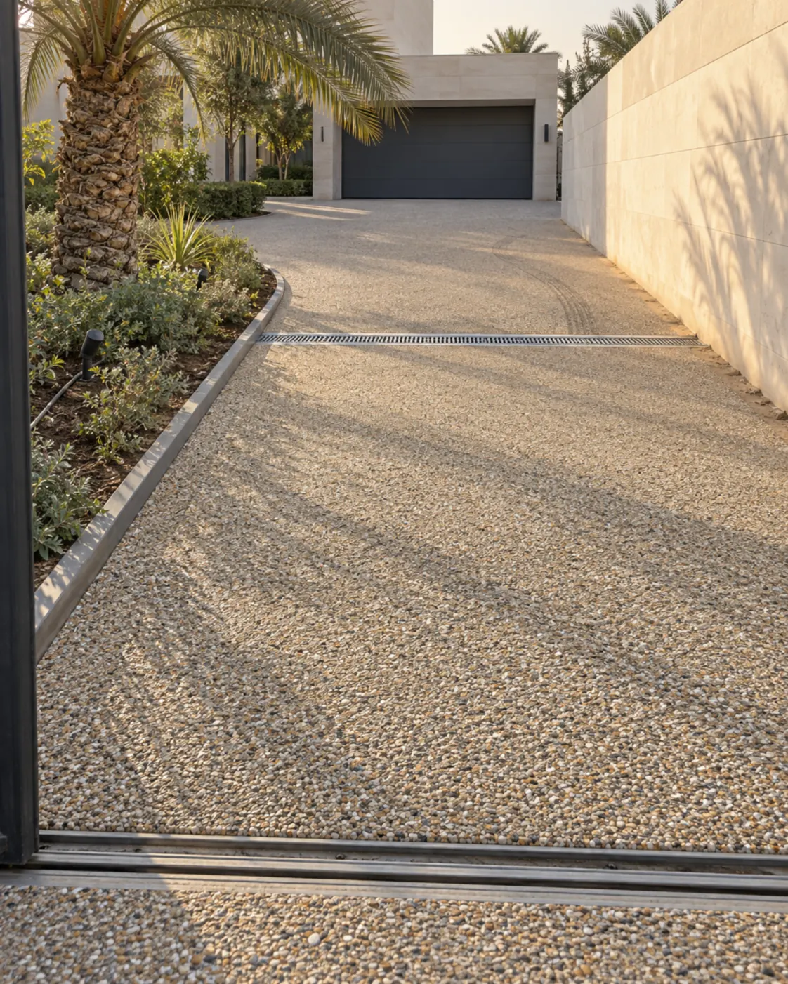Resin-bound aggregate driveway at a Dubai villa, with a metal planting-bed edge, slot drain channel and gate track set into the surface.