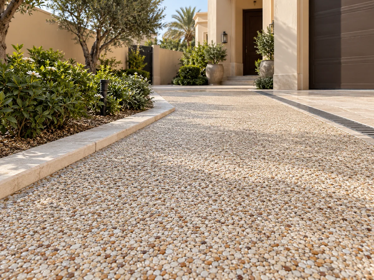 Cream and tan resin-bound aggregate path with stone edging outside a villa.