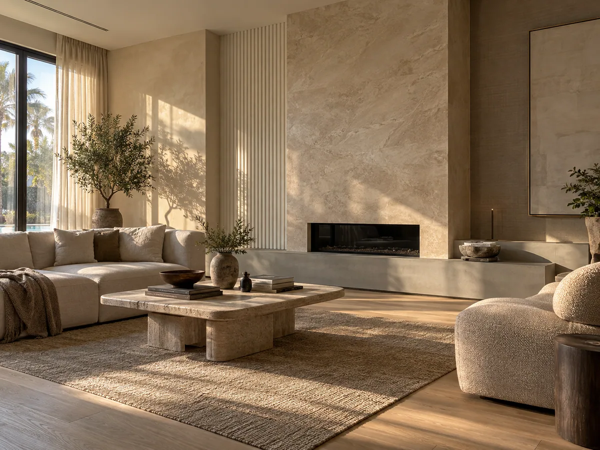 Warm beige Venetian plaster fireplace wall in a Dubai villa living room, with late-afternoon sun raking across the trowelled surface.