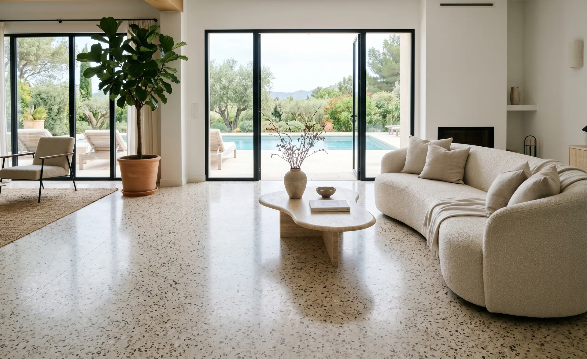 Light terrazzo floor in a living room with a curved sofa and full-height garden doors.